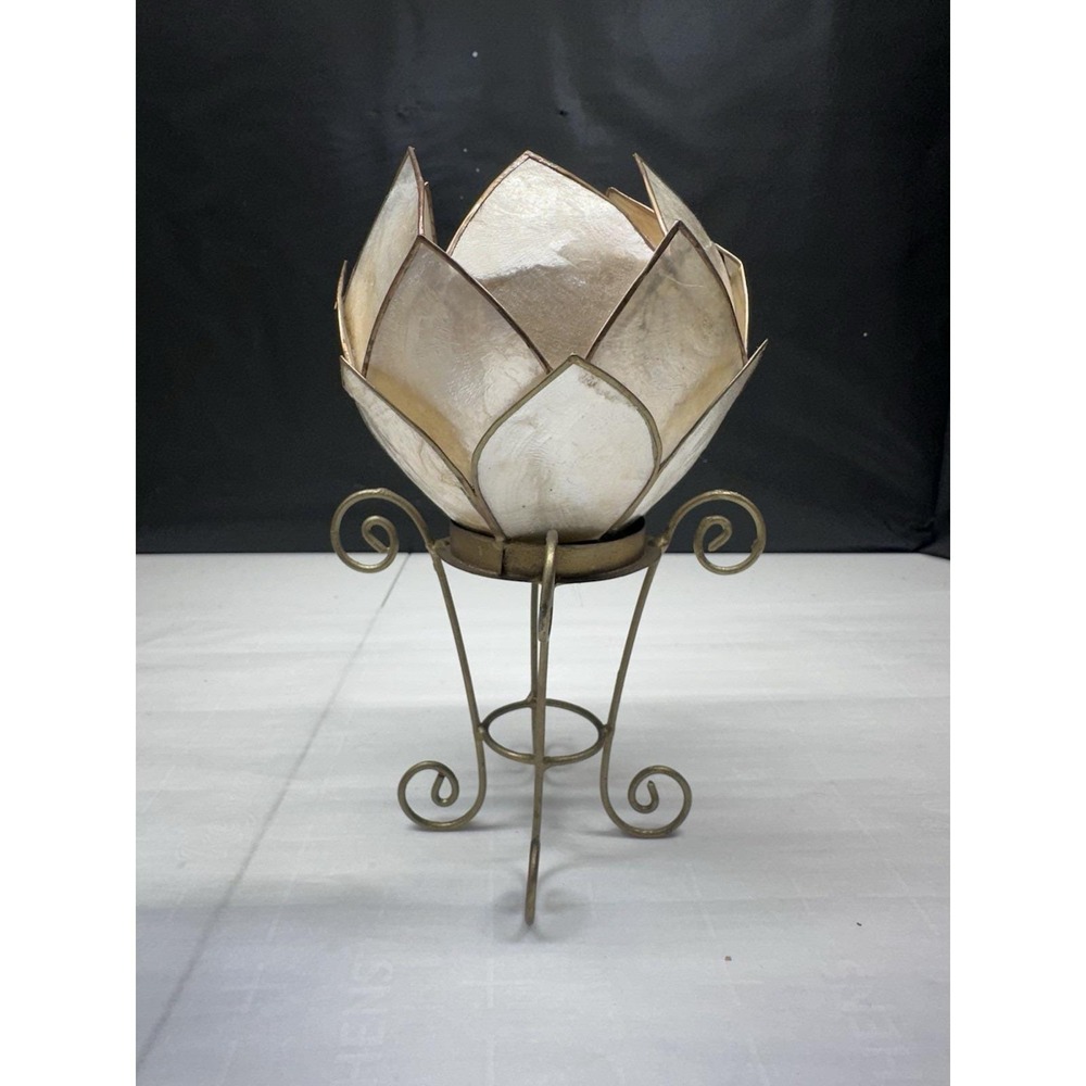 Capiz Shell Lotus Votive Candle Holder Gold Metal Stand 7" Boho Decor